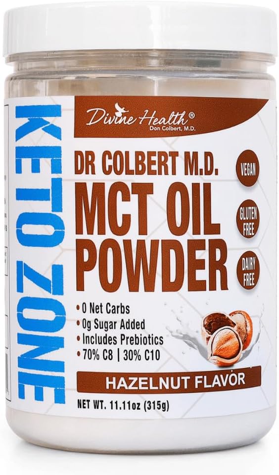 İlahi Sağlık Dr. Colbert, MD MCT Oil Toz | Hazelnut Flavor Keton Diyet Kitabı | Kahve Kremer |% 70 C8 30 C10 | 0 Net Araç | 30 Gün Supply | 330 G G G