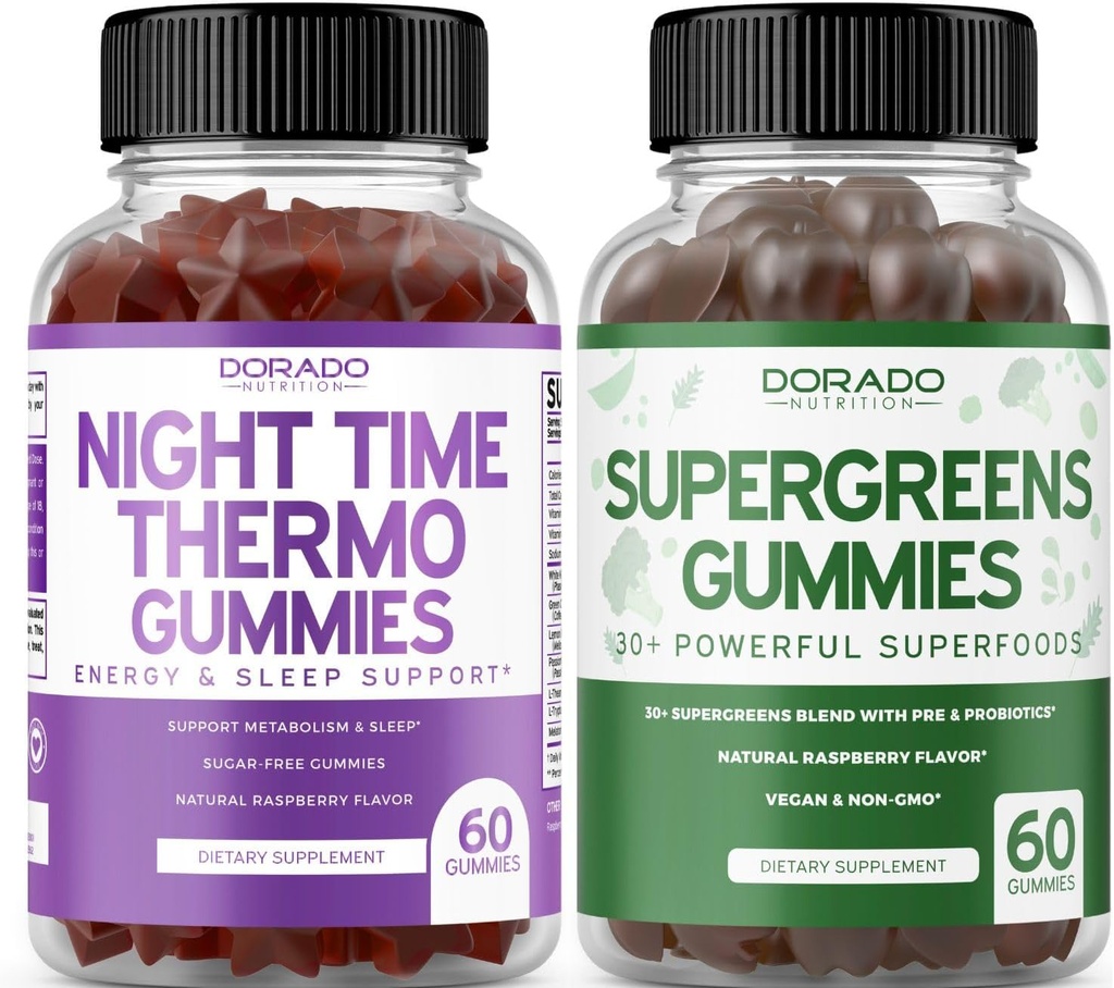 Night Time Fat Burner Gummies (60 Count) - Απώλεια βάρους & Μεταβολισμός Συμπλήρωμα ζάχαρης-ελεύθερος μελατονίνης και Supergreens Gummies (60 Count) - Συμπληρώματα πράσινου Υποστήριξη ανοσίας - Μη ΓΤΟ & ΗΠΑ Made