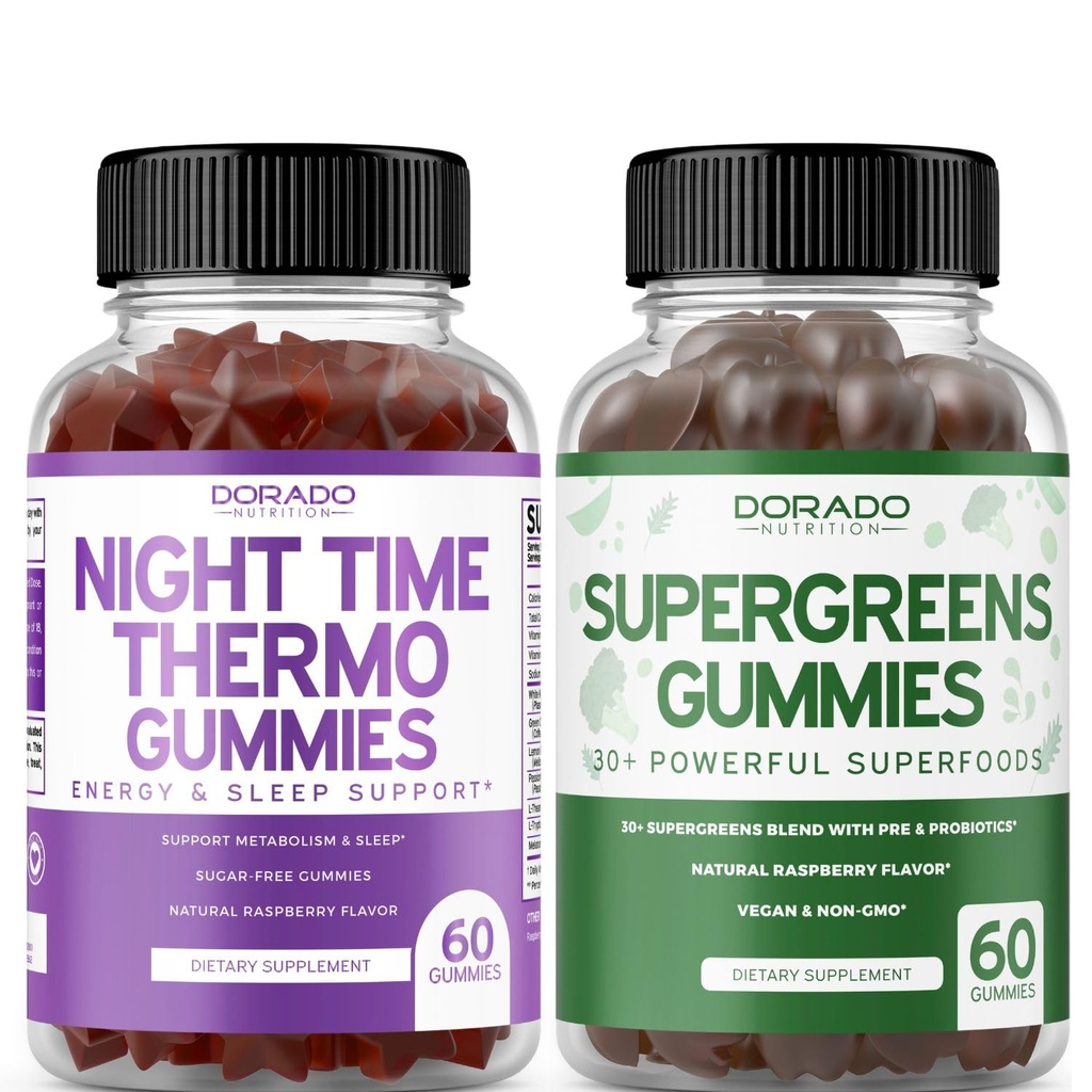 Night Time Fat Burner Gummies (60 Kont) - Kilo kaybı ve Metabolism Sugar-Free Melatonin Supplement ve Supergreens Gummies (60 Count) - Greens Supplements Immunity Support - Non GMO & USA Made