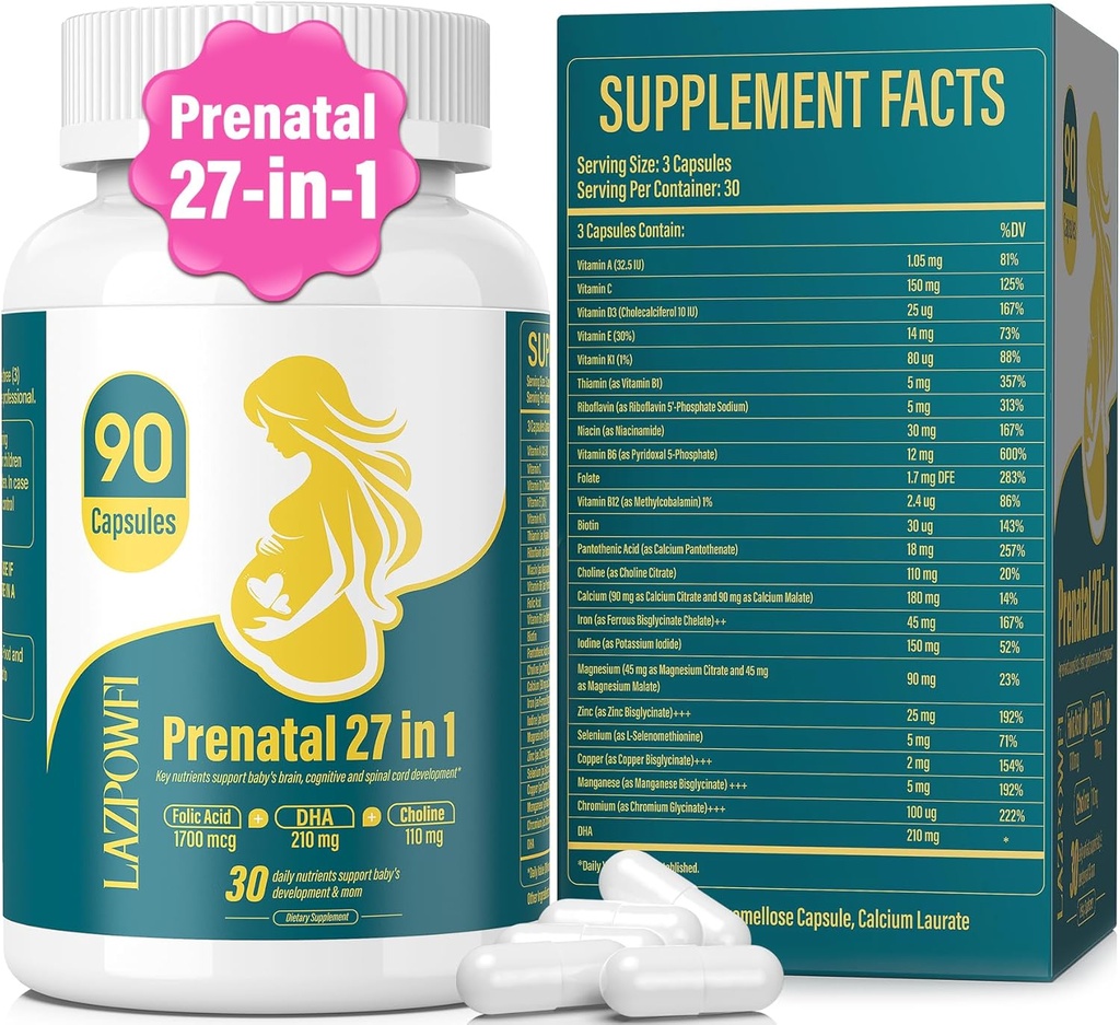 Kadınlar için Prenatal Vitaminler Folic Acid DHA Choline for Hamile ve Emzirme Kadınlar Niacinamid Biotin ve Minerals 27 in 1 Supplement 90 Capsules-30 Services