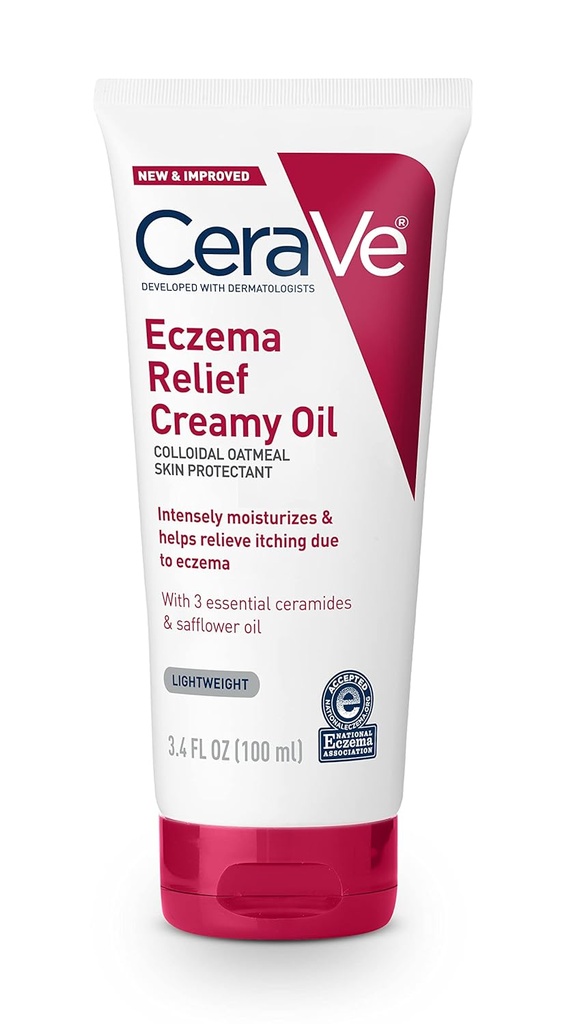 CeraVe Eczema Relief Creamy Body Oil, Eczema Calming Cream With Colloidal Oatmeal & Safflower Oil For Kuru Skin & Itchy Skin Relief, Steroid Free & Paraben Free, 3.4 Ounce