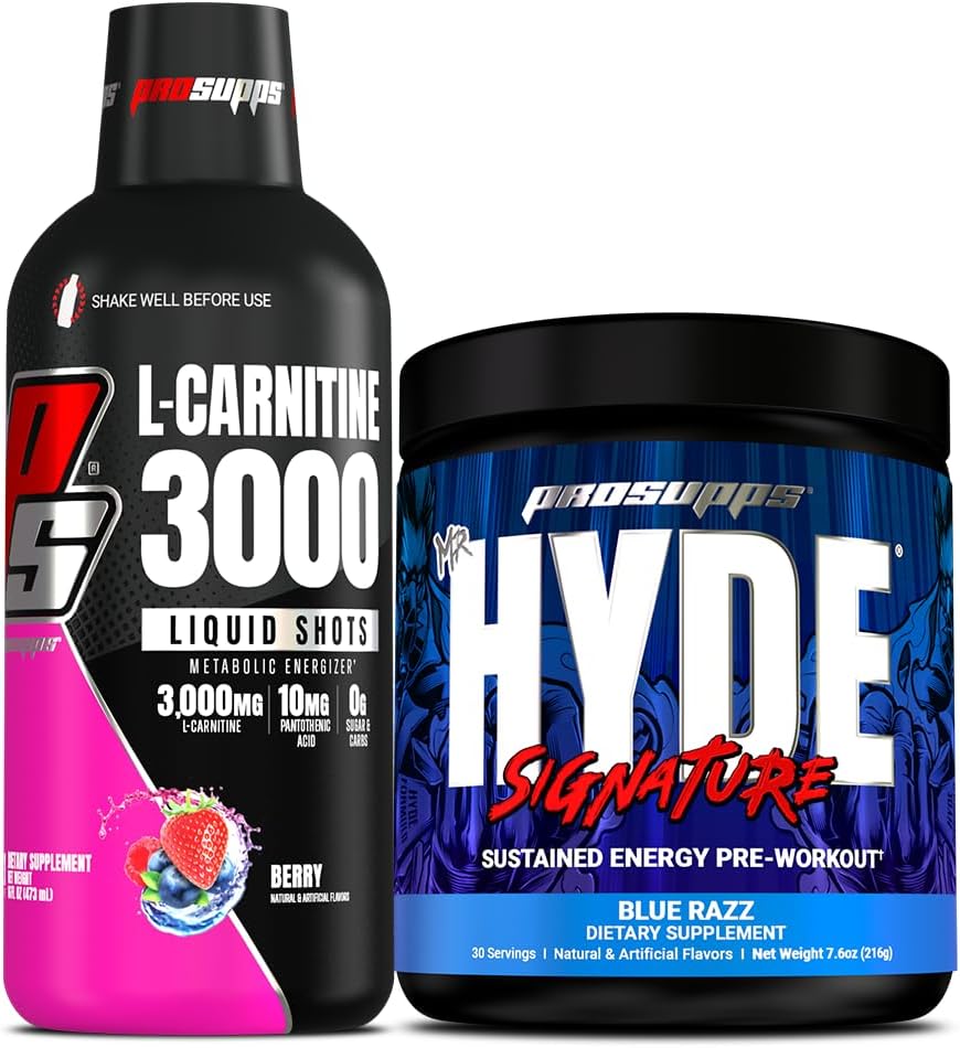 PROSUPPS L-Carnitine 3000 Stimulant Ücretsiz Sıvı Shots (31 Hizmet, Berry) ve Bay Hyde Signature Series Pre-Workout Energy Tozed Drink (30 hizmet, Blue Razz) Schez