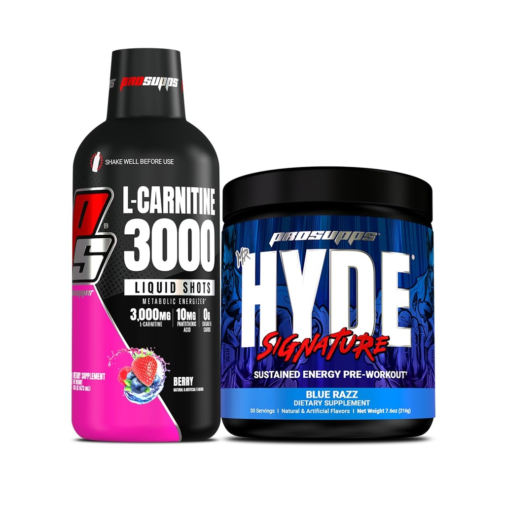 PROSUPPS L-Carnitine 3000 Stimulant Free Liquid Shots (31 Servings, Berry) and Mr. Hyde Signature Series Pre-Workout Energy Powdered Drink (30 Servings, Blue Razz) Bundle