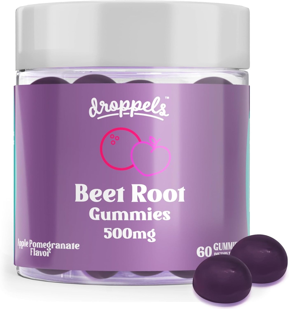 Droppels Beet Root Gummies with Beetroot Toz 500 mg, Grape Tohumu 300 mg, B12 & Niacin | Vegan, Pectin-Based & Non-GMO Beetroot Supplement, Apple Countegranate Flavor, 60
