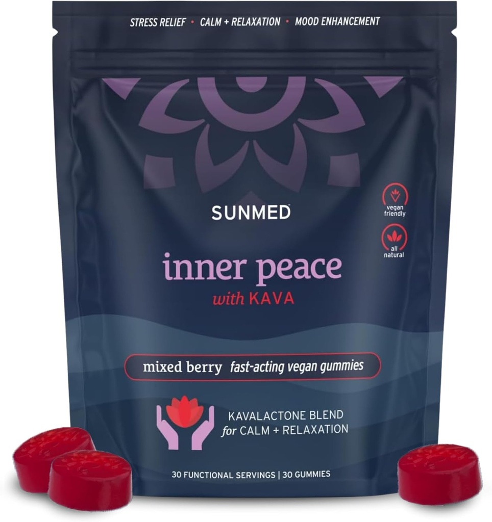 SUNMED Kava Gummies for Stress Relief & Deep Calm – 100mg Kavalactones per Serving – Vegan, Pacific Island Root Extract | Mixed Berry Flavor, 30 Count