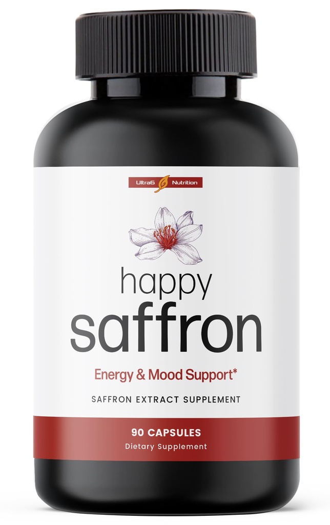 Ultra6 Διατροφή Happy Saffron Συμπληρώματα - 100% Pure Saffron Extract συμπλήρωμα για την υποστήριξη της υγείας των ματιών - Ενισχυτής Mood για γυναίκες & άνδρες (90 εξυπηρετούν)