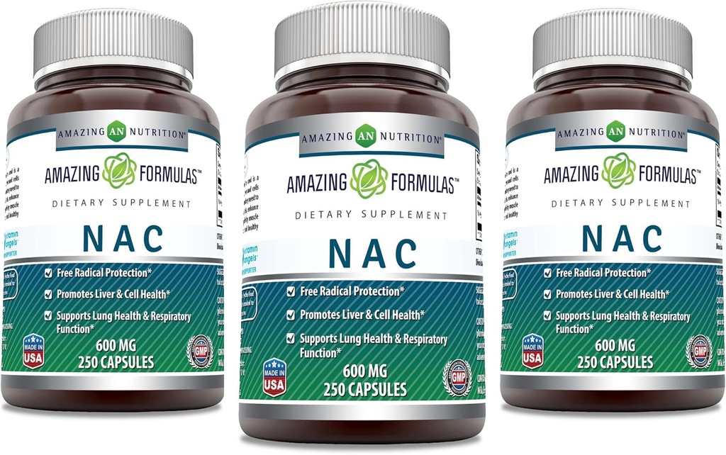 Amazing Formulas NAC 600 Mg | N-Acetyl Cysteine Supplement | Capsules | Non-GMO | Gluten Free | Made in USA (3 Pack, 250) Count)