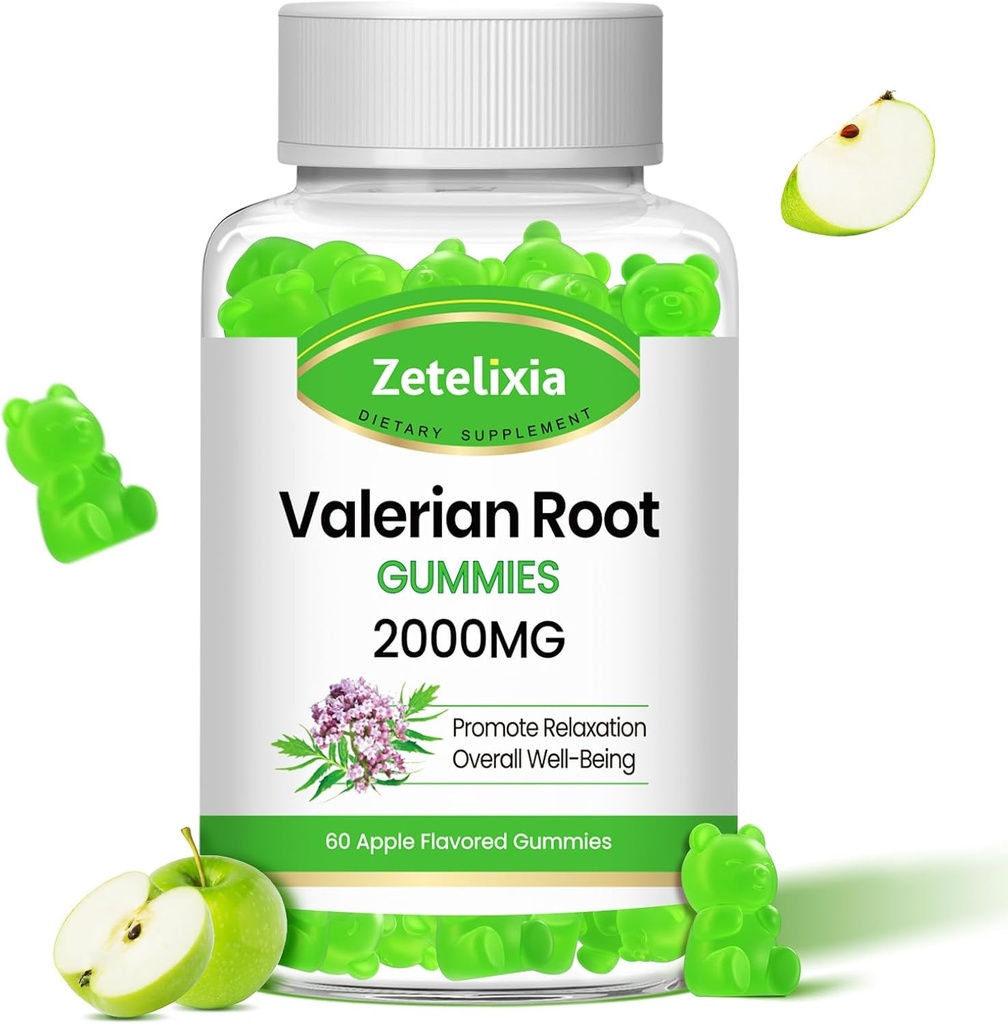 Organik Valerian Root Gummies, Herbal Supplement for Relaxation & Mood Support, Sleep Gummies Without Melatonin for Yetişkinler, Vegan, Non-GMO, Apple Flavor, 60 Count