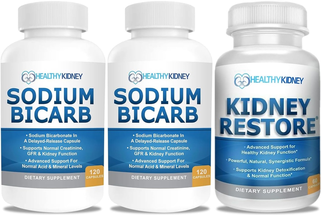 Sodium Bicarbonate 650mg Capsules for Acid Relief, Alkalinity 120 Pills 2-Pack + Kidney Restore Kidney Cleanse and Kidney Health Supplement, 60 caps