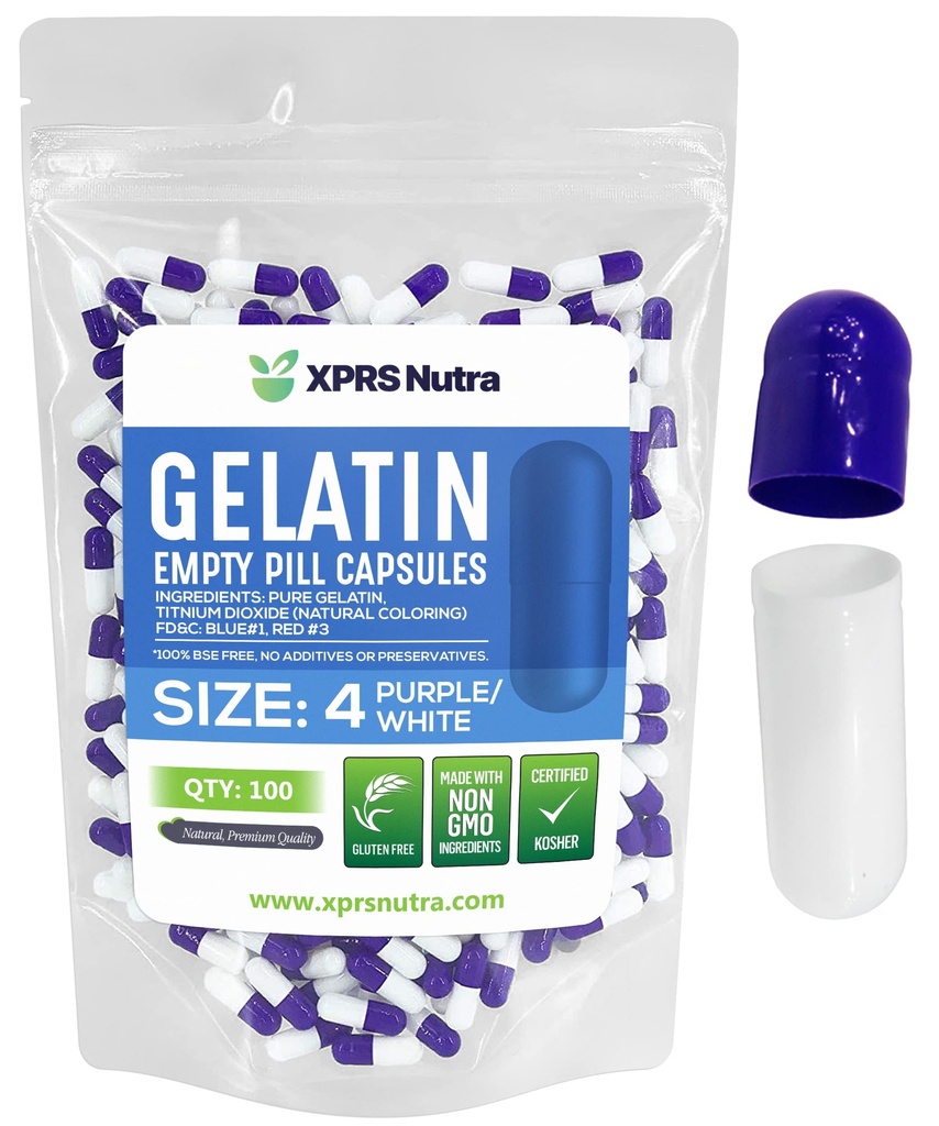 XPRS Nutra Size 4 Empty Capsules - 100 Count Small Empty Gelatin Capsules - Pills DIY Capsule Filling - Fillable Pure Bovine Pill Gel Caps for Do-It-Yourself Supplements (Purple/White)