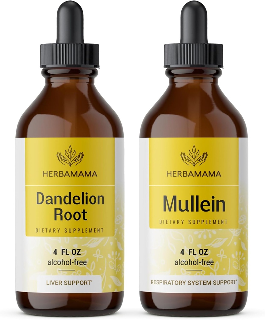 HERBAMAMA Herbal Liquid Drops Kit - Dandelion Root and Mullein Leaf Tincture 4 fl oz - Vegan, Non-GMO, Sugar & Alkol-Free - 2 Pack