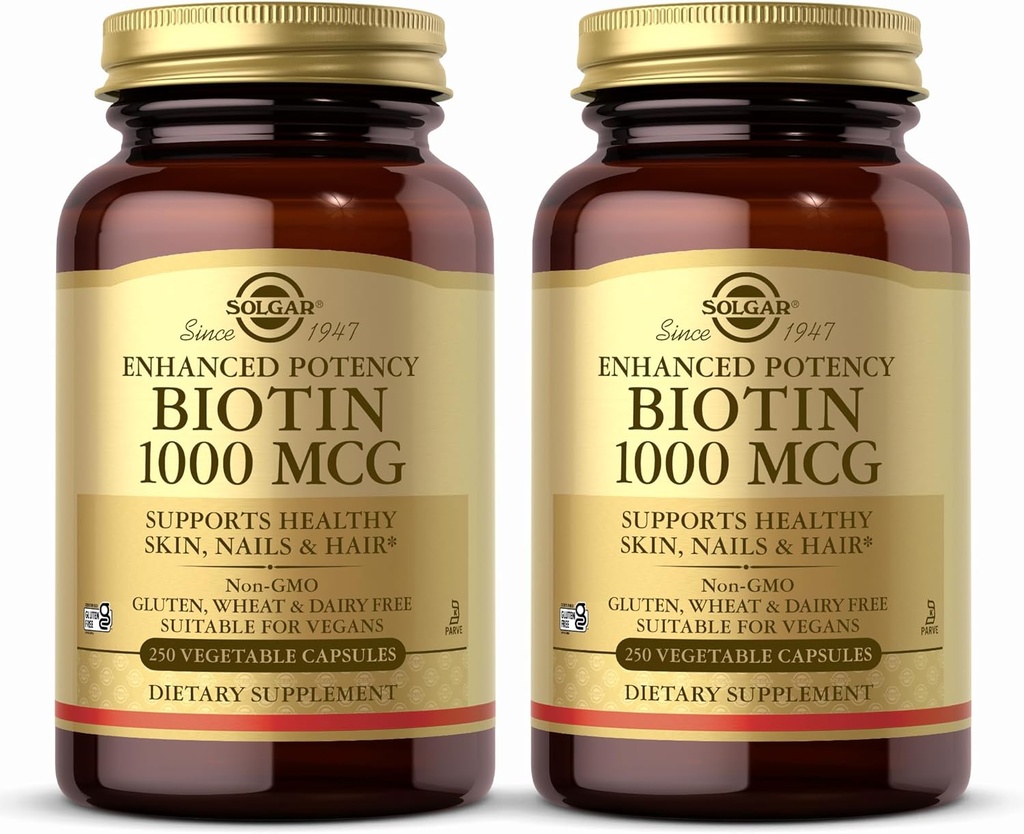 Solgar Biotin 1000 mcg, 250 κάψουλες λαχανικών (Pack of 2) - Υποστηρίζει υγιές δέρμα, νύχια και μαλλιά - Ενέργεια Μεταβολισμός - Ενισχυμένη ισχύς - μη-GMO, Vegan, Χωρίς γλουτένη, χωρίς γαλακτοκομικά, Kosher - 500 σερβιρίσματα