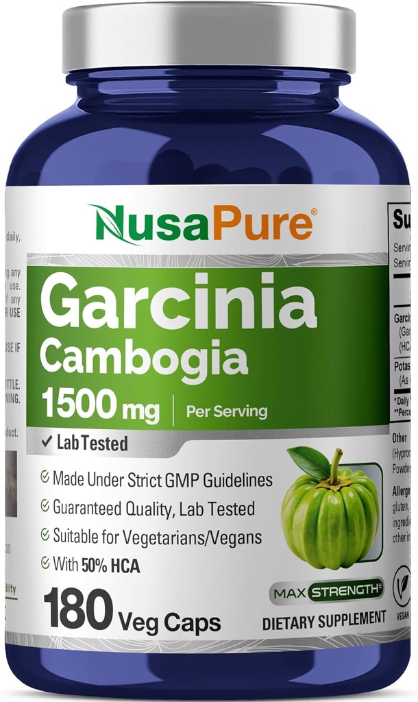 NusaPure Garcinia Cambogia 180 Veggie Capsules 1500 mg (Vegetarian, Non-GMO, Vegan)