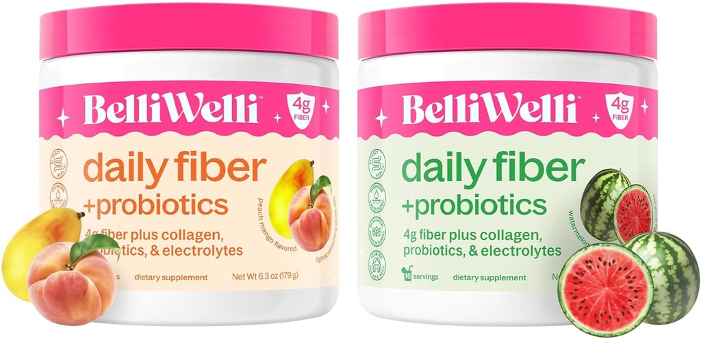 Belli Welli Daily Fiber Supplement Sche with Collagen, Probiyotiks & Electrolytes – Peach Mango & Watermelon Flavors – Supports Digestion, Gut Balance, Debloating – 32 Hizmet Toplamı