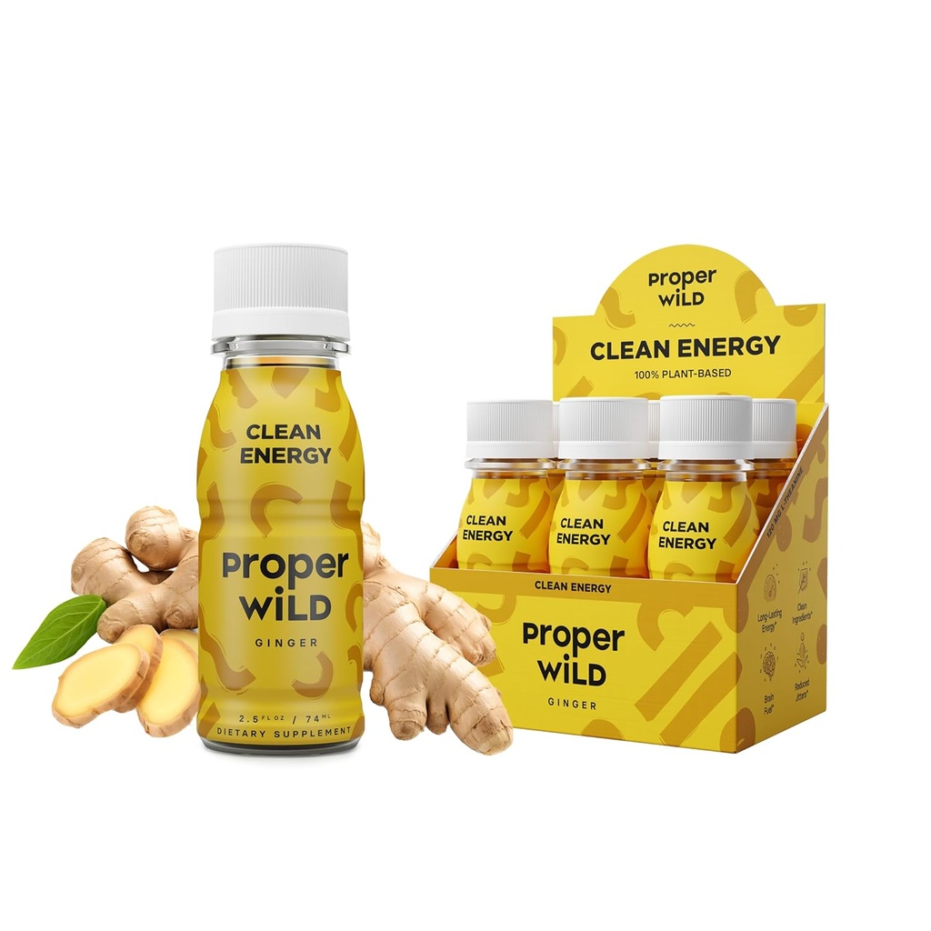 Proper Wild Vegan Energy Shots, L Theanine ve Organik Caffeine, Clean Plantive Energy Drink, Gluten Free, GMO Free, Dairy Free, Stevia Free, Soy Free, Ginger, 2.5 Fl Oz, 6 Pack, 2.5 Fl Oz, 6 Pack