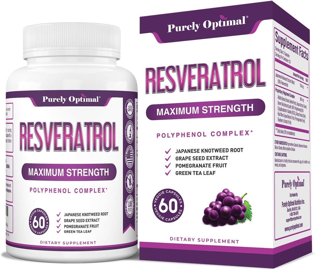 Safly Optimal Resveratrol Supplement 1500 mg - Japon Knotweed, Polyol Kompleksi - Grace Aging, Vitality, Cognitive & Skin Health - 60 Vegan Capsules