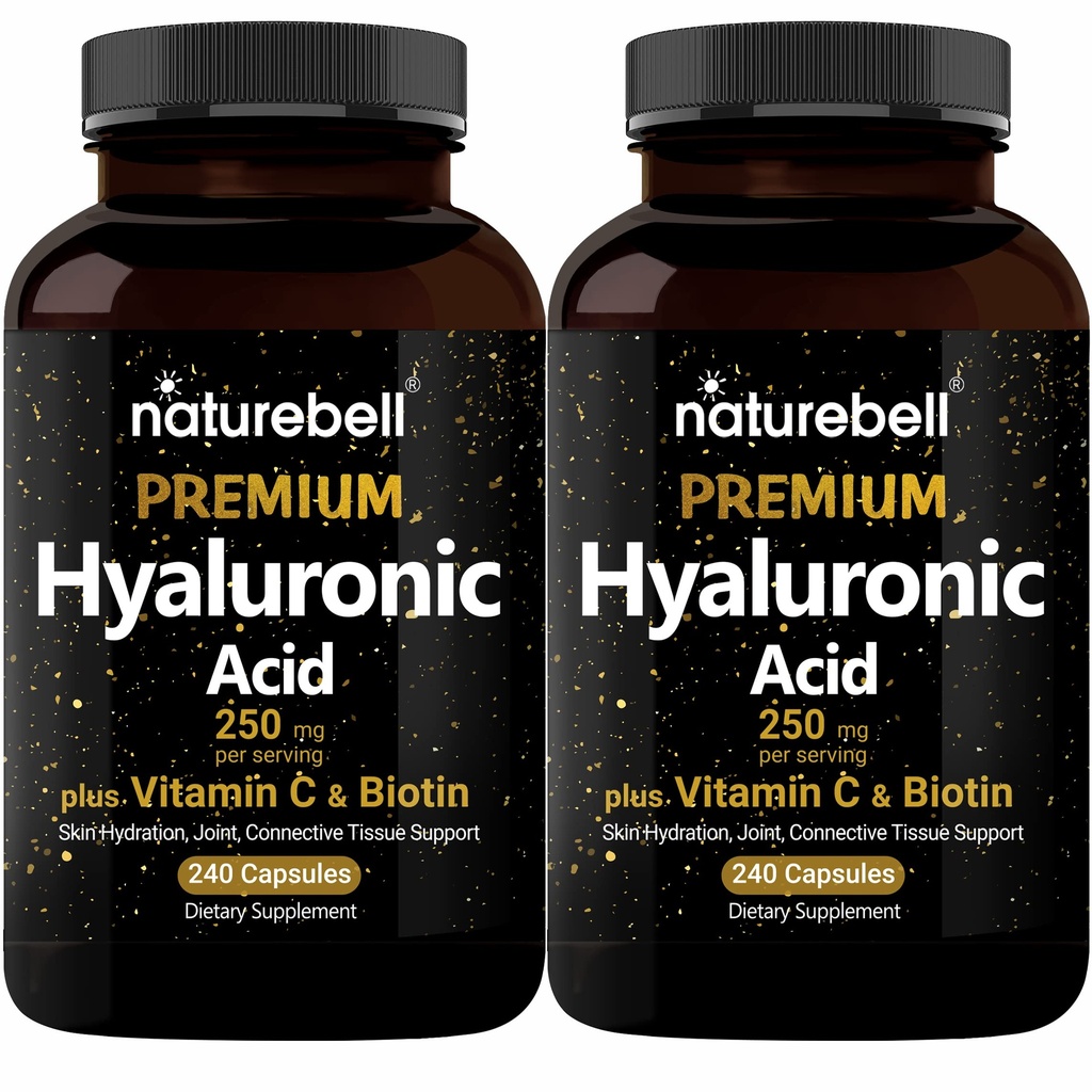 NatureBell 2 Pack Plant Based Hyaluronic Acid Supplements 250mg ile 25 mg C & Biotin 5000 Telefon, 480 Total Capsules | Temel Saç Büyümesi, Ortak Destek, & Hydrating Skin | Non-GMOMO