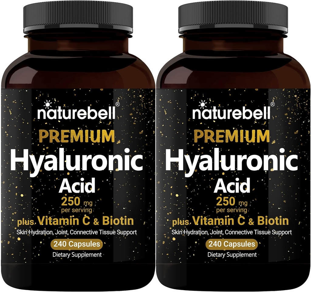 NatureBell 2 Pack Plant Based Hyaluronic Acid Supplements 250mg ile 25 mg C & Biotin 5000 Telefon, 480 Total Capsules | Temel Saç Büyümesi, Ortak Destek, & Hydrating Skin | Non-GMOMO
