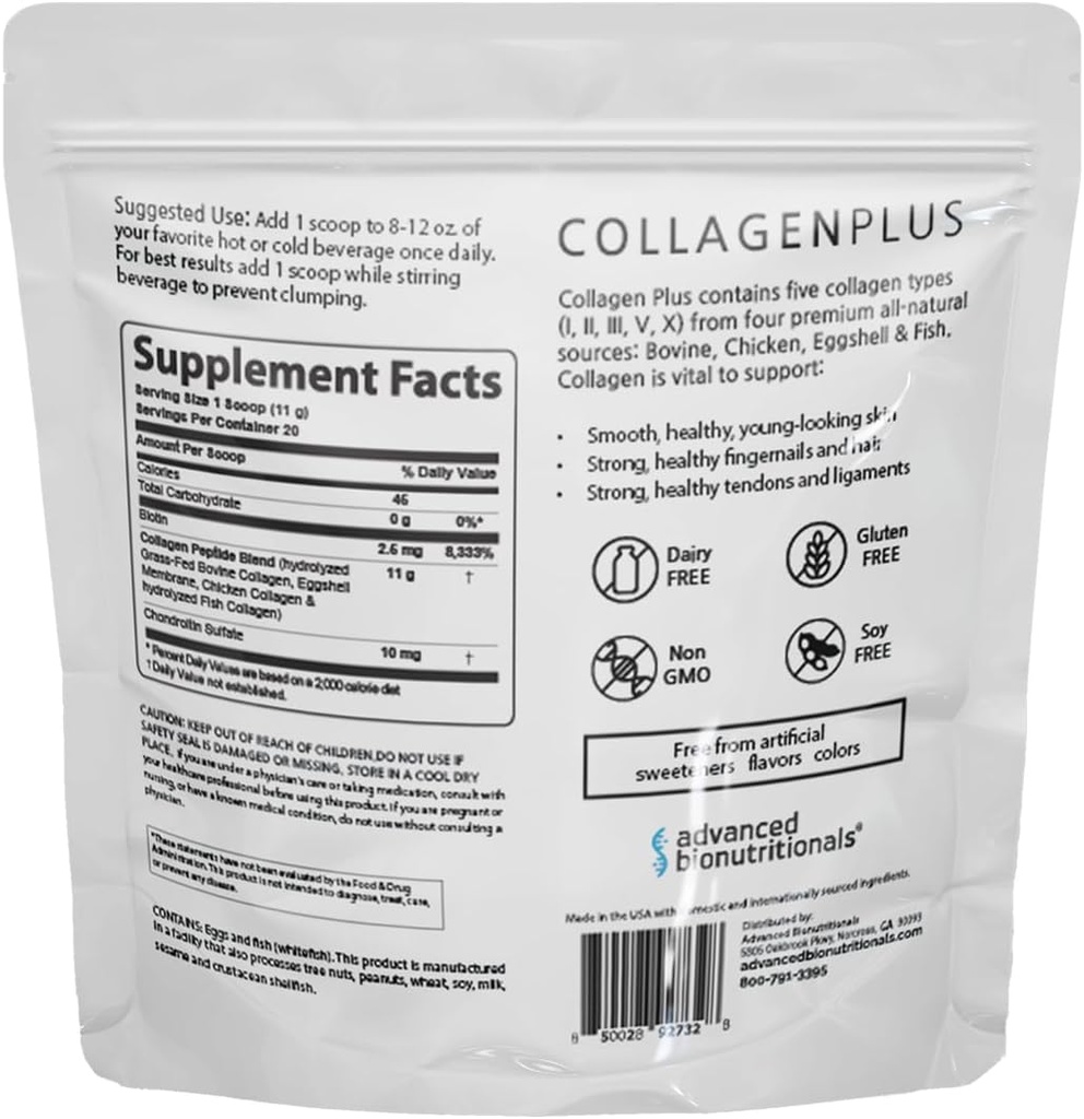 Gelişmiş Collagen Plus Toz - 5 Collagen türü (I, II, III, V, X) Biotin & Chondroitin Sulfate – Destekler Skin, Saç, Ortaklar ve Çiçekler – Easy-Mix Formula