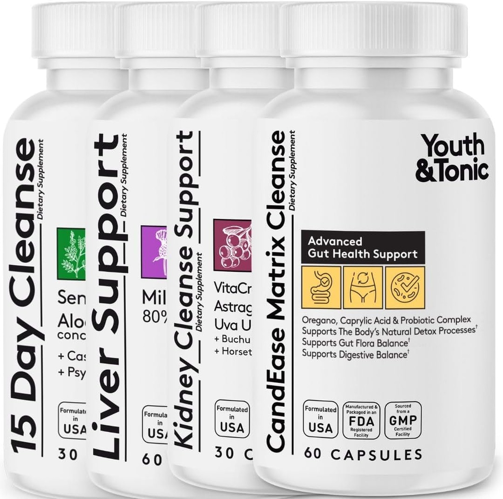 Gençlik ve Tonic 4X Body Detox ve Liver Support, Kidney ve Colon Cleanse ve CandEase Matrix ile Kadınlar ve Erkekler için temiz ve temiz. 180 Pills