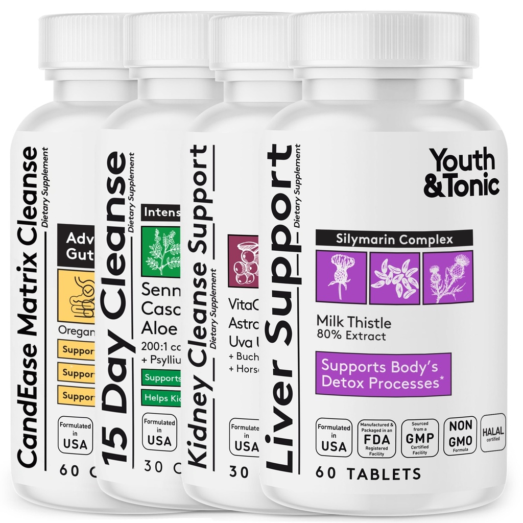 Gençlik ve Tonic 4X Body Detox ve Liver Support, Kidney ve Colon Cleanse ve CandEase Matrix ile Kadınlar ve Erkekler için temiz ve temiz. 180 Pills
