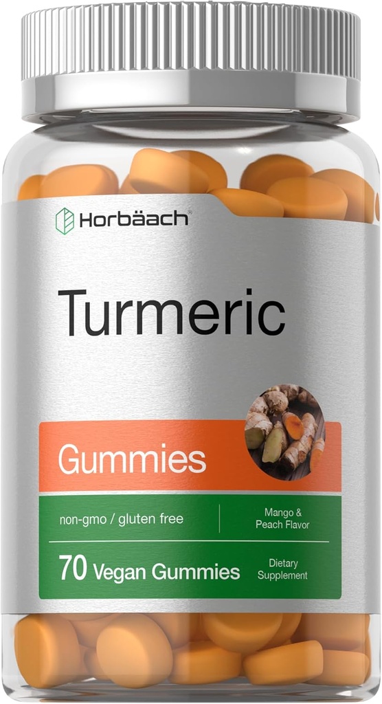 Horbäach Turmeric Gummies | 70 Kont | Mango & Peach Flavor | Turmeric Curcumin with Ginger | Vegan Non-GMO & Gluten Free Supplement Supplement