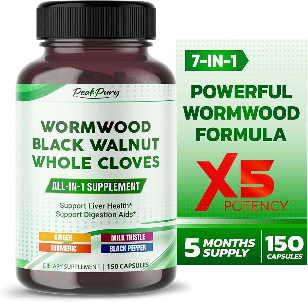 All-in-1 Wormwood Black Walnut Whole Cloves Ginger - Supports Liver Health & Aids Digestion - Made in The USA -150 Capsules