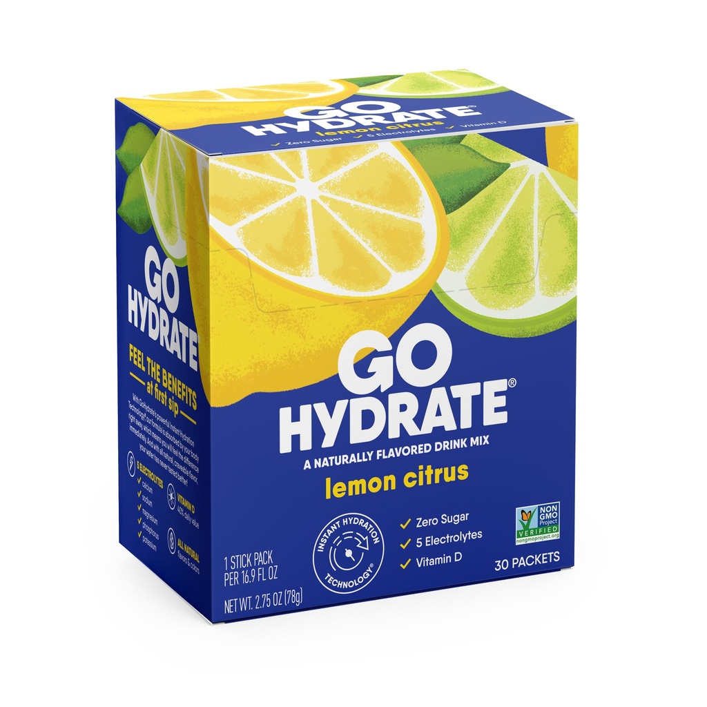 GoHydrate Instant Hydration Powder Packets - Low Sodium Electrolytes Drink Mix - Φυσική Ενυδάτωση Υποστήριξη, Ζάχαρη Δωρεάν Ηλεκτρόλυτη Γεύση Ποτό με Βιταμίνη D, 30 συσκευασίες, Λεμονί Εσπεριδοειδή