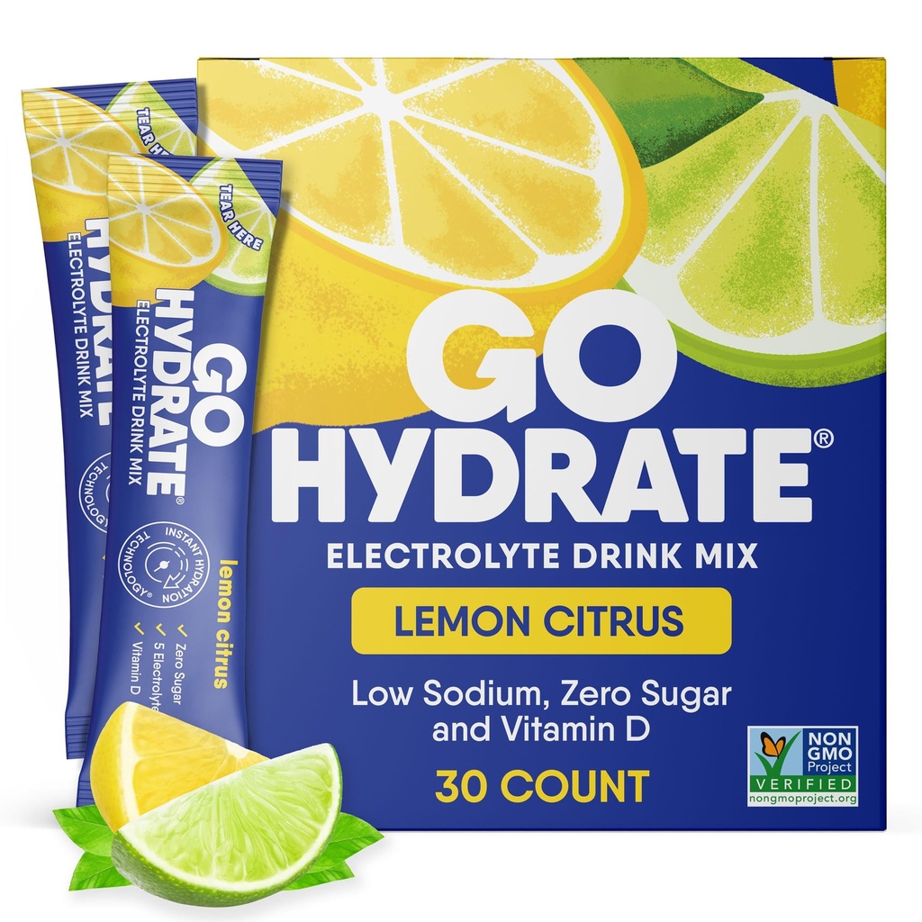 GoHydrate Instant Hydration Toz Paketleri - Low sodyum Electrolytes Drink Mix - Natural Hydration Support, Sugar Free Electrolyte Flavored Toz İçecek with Vitamin D, 30 Packs, Lemon Citrus