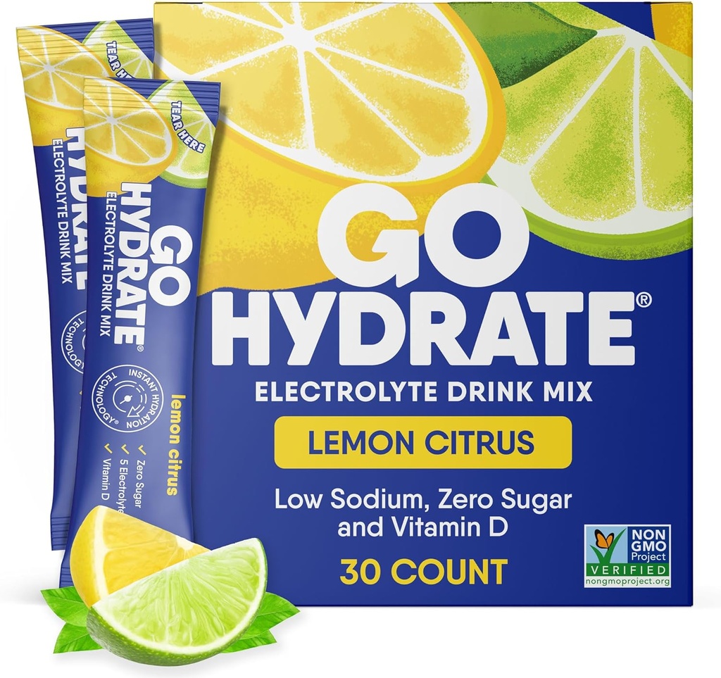 GoHydrate Instant Hydration Toz Paketleri - Low sodyum Electrolytes Drink Mix - Natural Hydration Support, Sugar Free Electrolyte Flavored Toz İçecek with Vitamin D, 30 Packs, Lemon Citrus