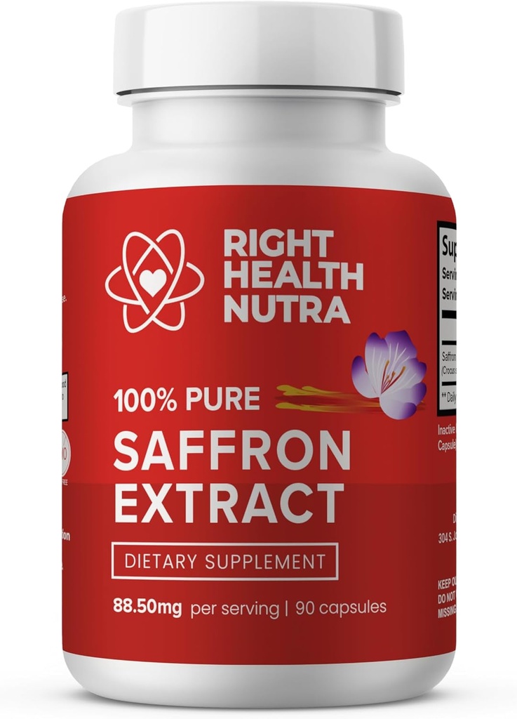 Right Health Nutra Saffron Supplements - 100% Pure Saffron Extract - Made in The USA - Supports Mood | Focus | Digestion | Eye Health for Men and Women - 90 Capsules