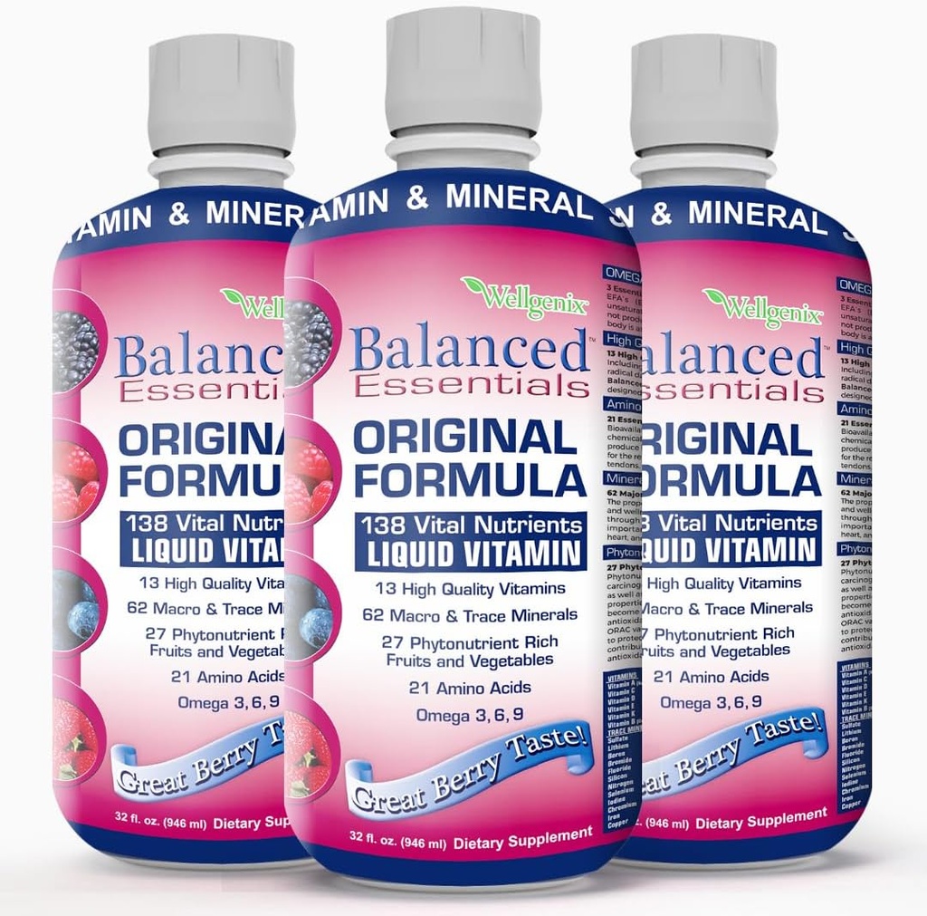 Wellgenix Balanced Essentials Plus Νέα Φόρμουλα - Υγρή Βιταμίνη - Πλήρες συμπλήρωμα πολυβιταμίνης - 1oz Καθημερινή - Ανοσοποιητική Ενίσχυση & Συνολική Υγεία - Ενήλικες, Παιδιά, Τόντλερ - Berry Γεύση 32oz (3)