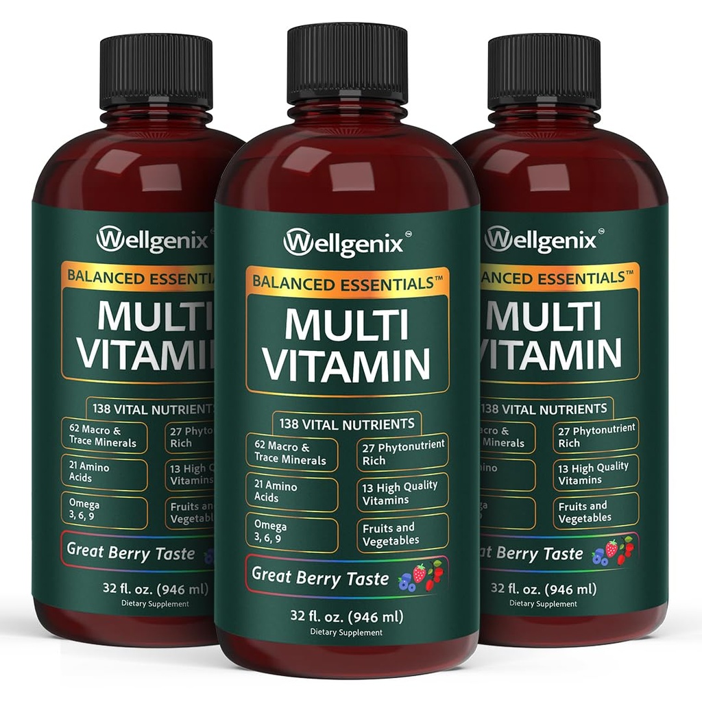 Wellgenix Balanced Essentials Plus New Formula - Sıvı Vitamin - Tamamlanmış Multivitamin Supplement - 1oz Daily - Immune Boosting & General Health - Yetişkinler, Çocuklar, Toddler - Berry Flavor 32oz (3)