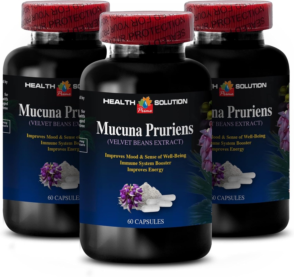 Enerji ve ek odaklanma - MUCUNA PRURIENS VELVET BEAN EXTRACT 350 MG - ruh daha iyi, velvet arınma, antioksidan takviyeleri, beyin hafıza için takviye, 3 Şişe 180 Capsules
