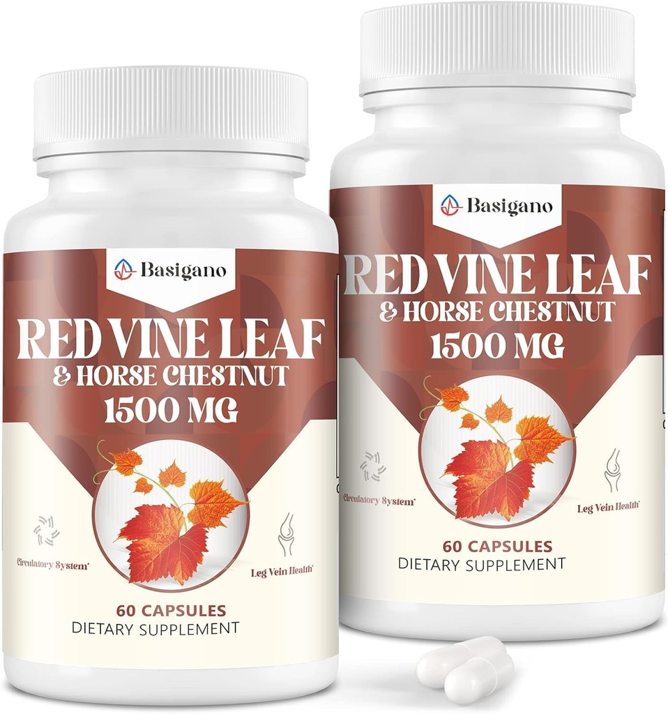 Red Vine Leaf & Horse Chestnut Extract Capsule Supplements (Vitis Vinifera) 1500 mg - Sağlıklı Veins için Tedarikçi - Kalp, Cilt (2 Paket)