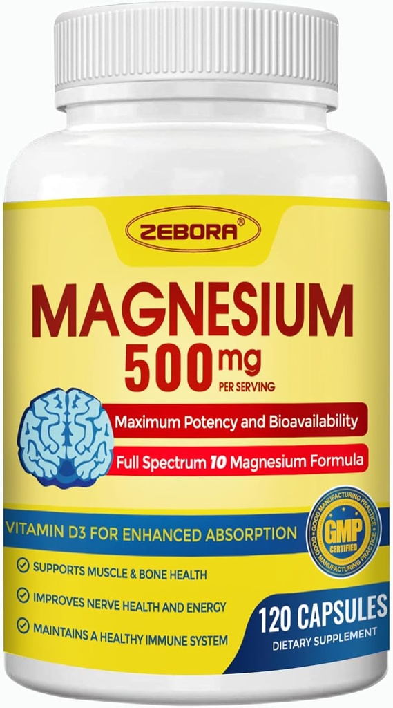 Συμπλήρωμα συμπλέγματος μαγνησίου, 500mg Γλυκινικό μαγνήσιο με Κιτρικό & Μηλεϊνό, Χηλική μορφή για υψηλή απορρόφηση με ψευδάργυρο & βιταμίνη D3 για τα νεύρα, τους μυς και τα οστά, 115 κάψουλες