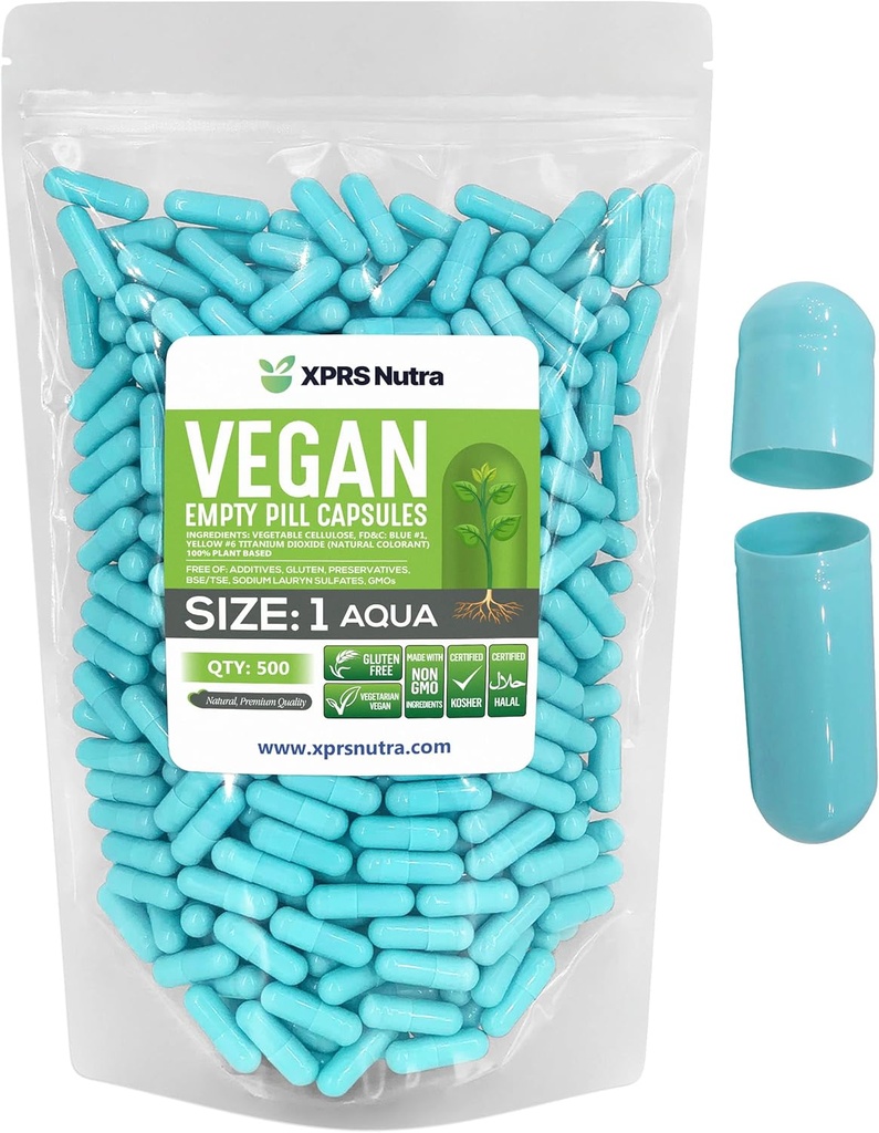 XPRS Nutra Μέγεθος 1 Κενές κάψουλες - 500 Count Empty Vegan Κάψουλες - Χορτοφαγικά Χάπια DIY Καψάκιο λαχανικών Γέμισμα- Χάπια λαχανικών για Do-It-Yourself Συμπληρώματα (Aqua)