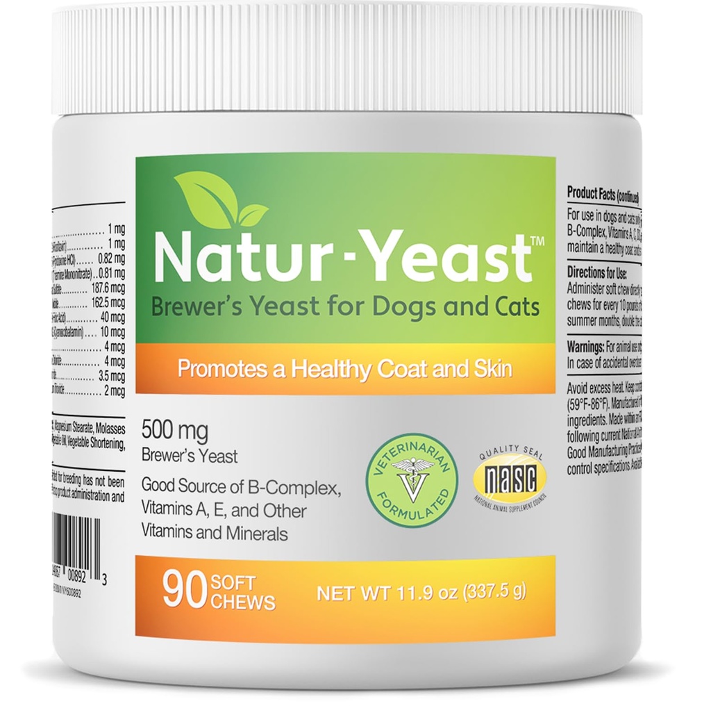 Πράσινα Κατοικίδια Βιολογικά Natur-Yeast Brewer's Yeast for Dogs and Cats - Υποστηρίζει ανοσοποιητικό σύστημα & πέψη, προωθεί υγιή δέρμα & ένα γλειφιτζούρι παλτό, 90 μαλακά μάσημα