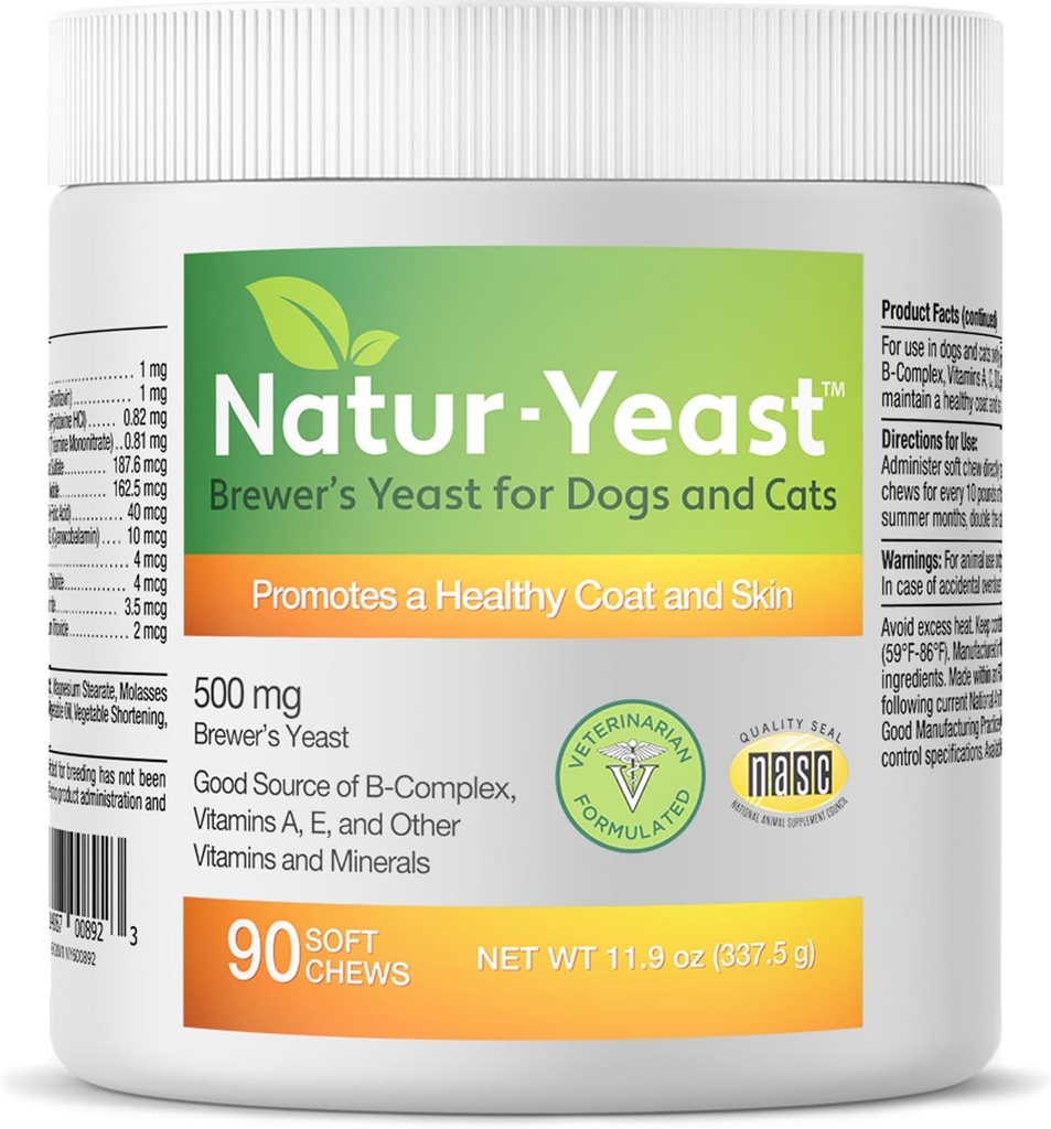 Green Pets Organics Natur-Yeast Brewer's Yeast for Dogs and Cats - Supports Immune System & Digestion, Promotes Healthy Skin & A Glossy Coat, 90 Soft Chews