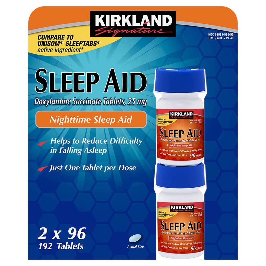 Cos7 Kirkland Υπογραφή Doxylamine Ηλεκτρικά Δισκία, 25mg Nighttime Sleep AID - 2 X 96 Tablets (192 Tablets Σύνολο)