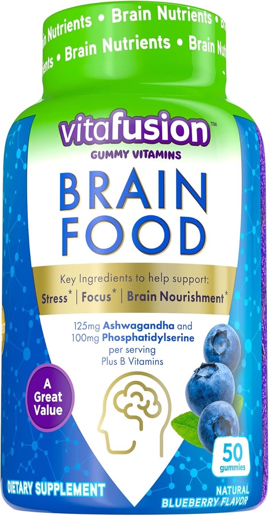 Vitafusion Brain Food Gummy Supplement: 125mg Ashwagandha, 100mg Phosphatidylserine per Serving, Β Βιταμίνες, 50ct (25 Day Supply), Blueberry Flavor from America’s Number One Gummy Vitamin Brand