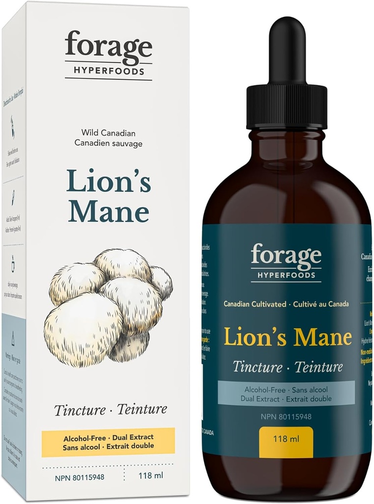 Forage Hyperfoods- Alkol-Free Canadian Grown Lion's Mane Mushroom Superfood Liquid Supplement Extract Tincture, Vegan, Non-GMO, Natural Brain Aid- Memory Improvement and Nerve Support 118ML
