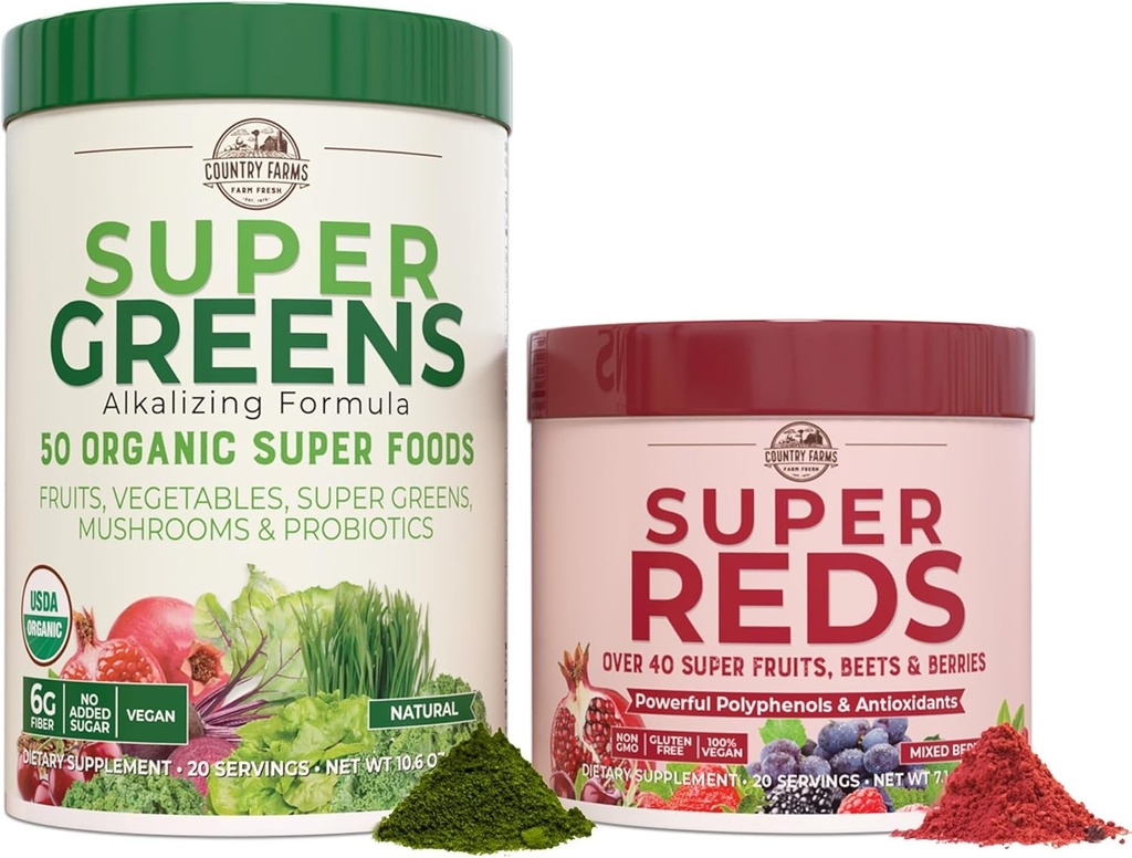 COUNTRY FARMS Essential Pack, Super Greens Toz ve Super Reds, 50 Organik Süper Gıdalar ve 40 Süper Meyve, Doğal Enerji, Bloating Support, Unflavored & Berry Flavor, 17.7 oz, 2 Pack