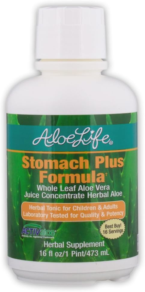 Aloe Life - Στομάχι Plus Formula, γρήγορο τονωτικό για παιδιά, ενήλικες, & ηλικιωμένους, υποστηρίζει υγιής πέψη & βοηθά στην Soothe αερίου, Bloating, & Nausea, Aloe Vera συμπύκνωμα, χωρίς γλουτένη (16 oz)