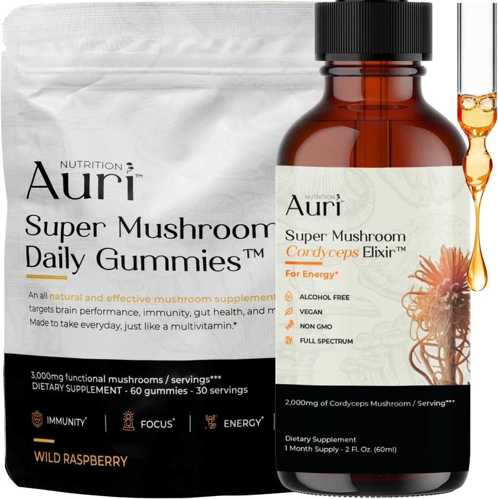 Auri Energy & Immune Boost Pack Super Mushroom Daily Gummies Cordyceps Elixir Sche - Focus, Stamina ve Longevity - 60 Gummies + 60 ml Tincture