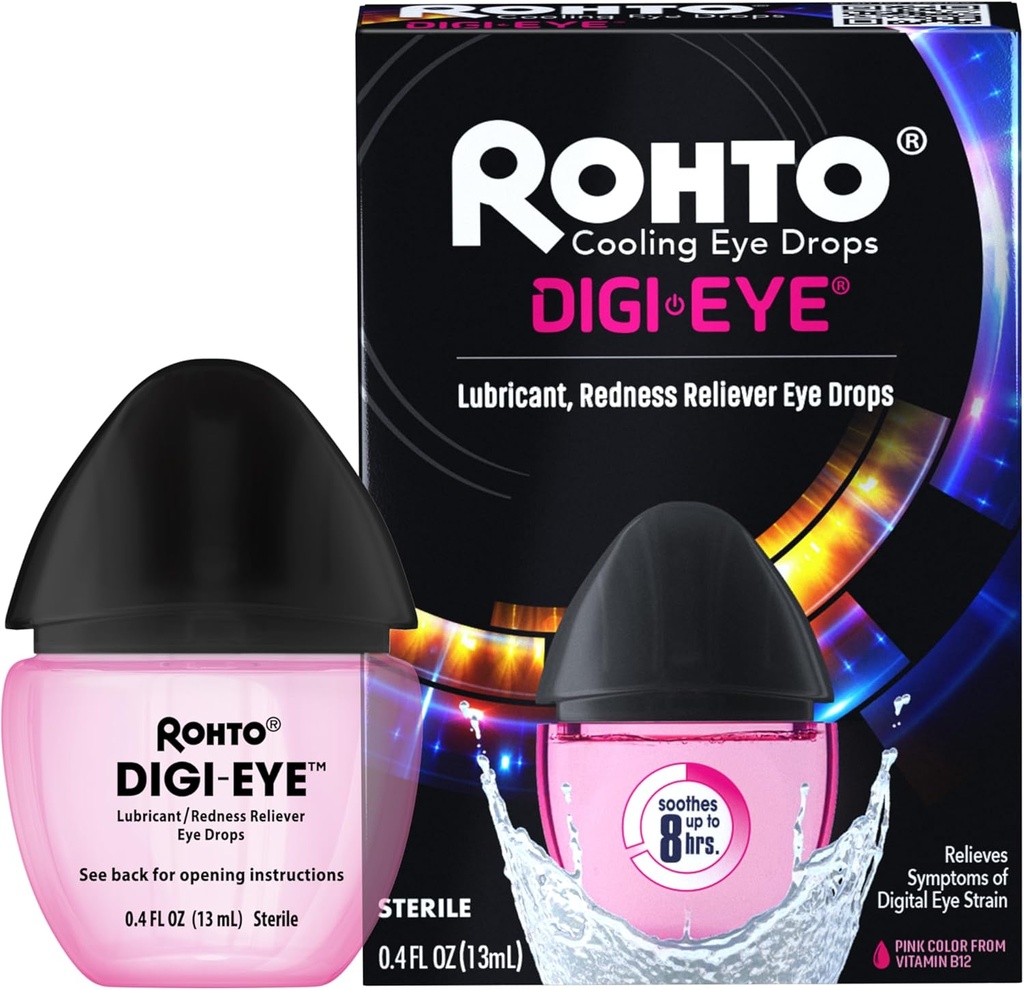 Rohto Digi-Eye Digital Eye Strain Eye Drops, Soğutma Eye Strain Relief From Digital Eye Strain Belirtileri, Uzun Süre, Soothing Eye Relief, Eye Drops for Red, Tired Eyes 0.4 fl oz Şişe (Pack of 2)