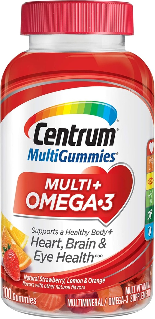 Centrum MultiGummies Omega 3 Gummy Multivitamin for Yetişkinler, Multivitamin/Multimineral Supplement, Strawberry/Lemon/Orange Flavors - 100 Count
