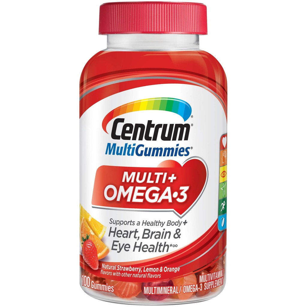 Centrum MultiGummies Omega 3 Gummy Multivitamin for Yetişkinler, Multivitamin/Multimineral Supplement, Strawberry/Lemon/Orange Flavors - 100 Count