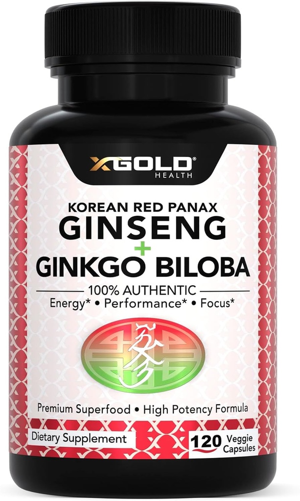 Αυθεντικό Korean Red Panax Ginseng 1200mg + Ginkgo Biloba 160mg – Υψηλή Ginsenosides Επιπλέον δύναμη – Ενέργεια, Μνήμη, Εστίαση & Εγκεφαλική Υγεία – Κάψουλες Vegan για άνδρες και γυναίκες – 120 Count