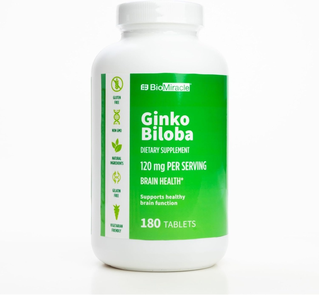 BioMiracle Ginkgo Biloba Diyetary Supplement 120 mg Per Servis, Beyin Sağlığı, Sağlıklı Beyin Fonksiyonu 180 Capsules